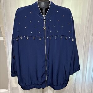 VINTAGE Silver Threads Windbreaker Jacket Women's XL Y2K Blue Star Studs Zips Up